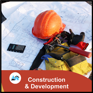 Construction and Development cluster. Hard hat blueprint and tools